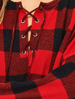 Buffalo Plaid Lace Up Long Sleeve Tunic Top