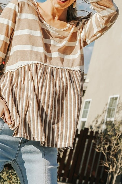 Taupe Baby Doll Striped Top